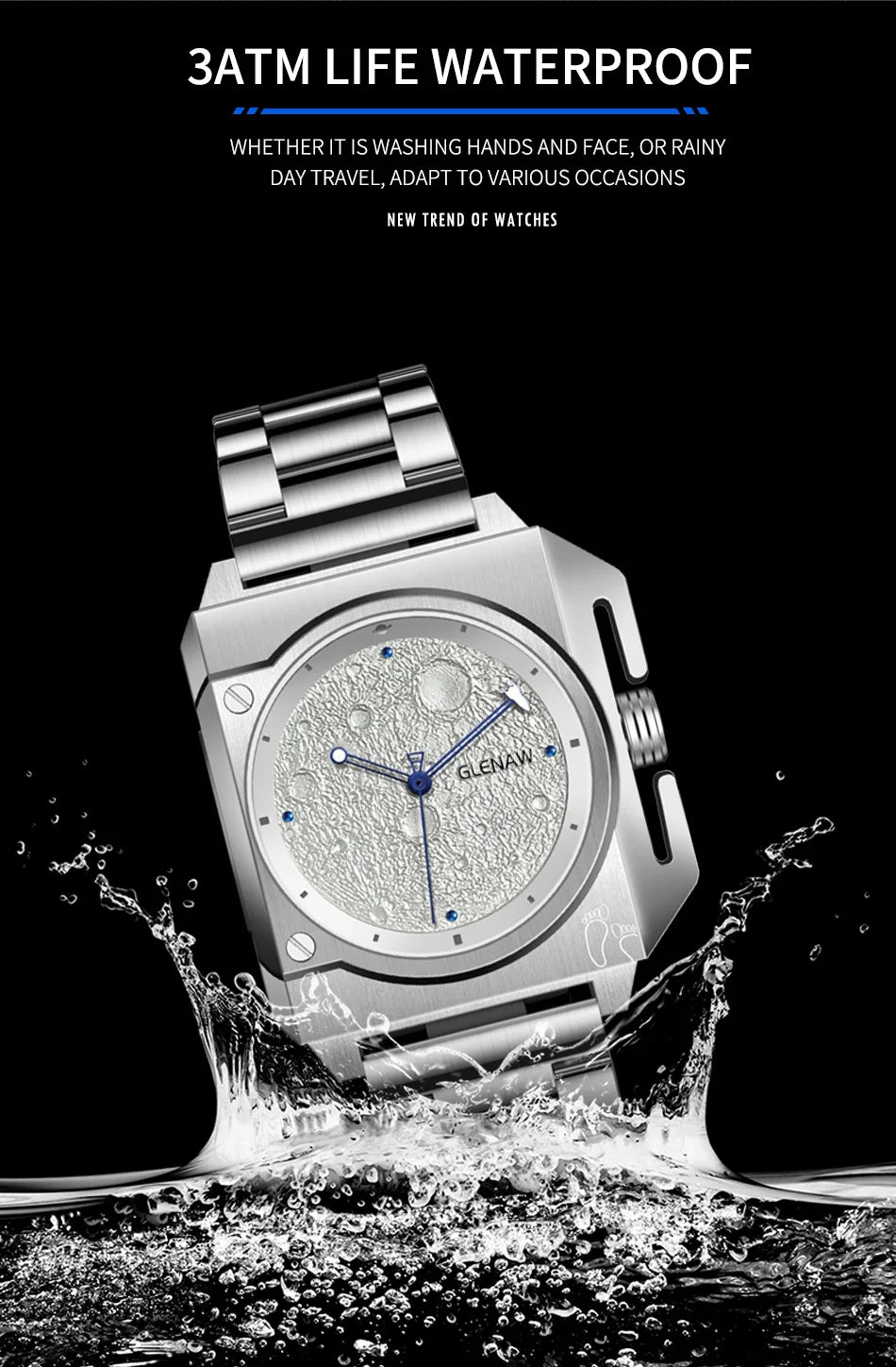Montre Homme GLENAW Original Brand Design Mechanical Watch Moon Dial Luminous Spaceship Pointer Stainless Steel Watch For Men