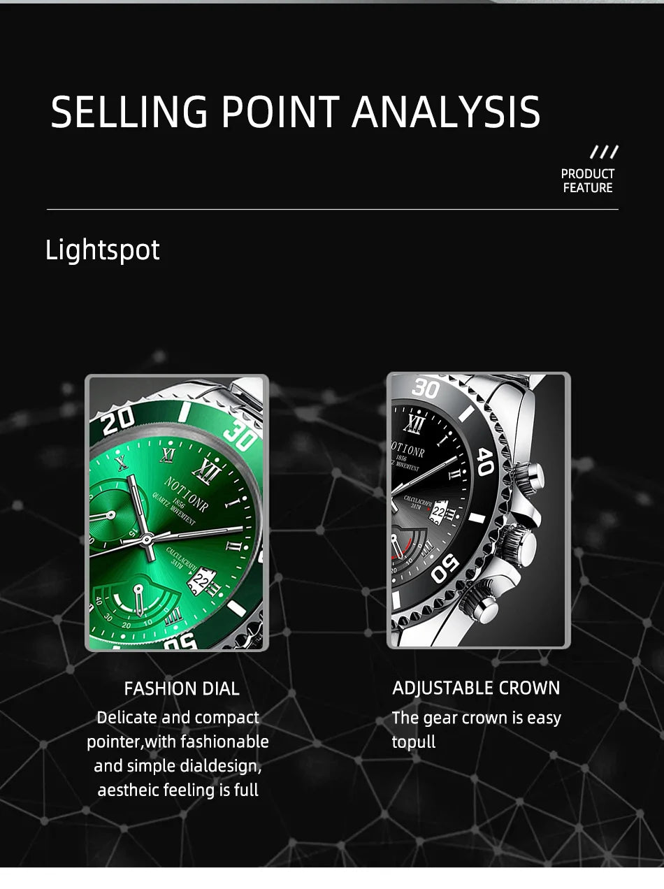 NOTIONR Fashion Watch Casual Clock Montre Homme Business Men Quartz Watch Calendar Green Water Wok Ghost Sport Men Wristwatch