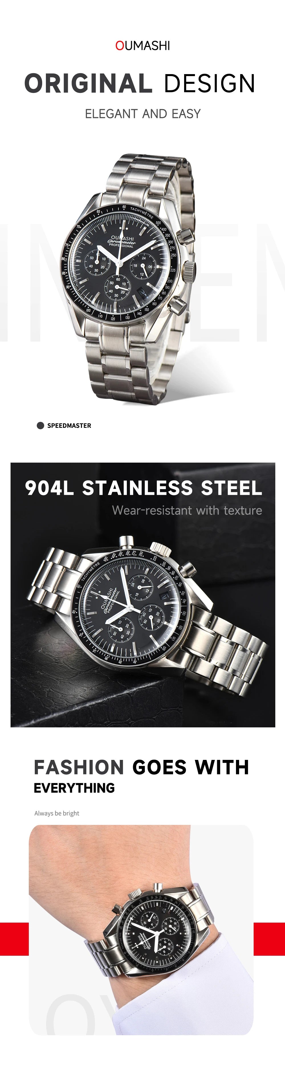 Moons Men's Watch for Man Fashion Quartz Watch Waterproof Chronograph AR Sapphire Glass