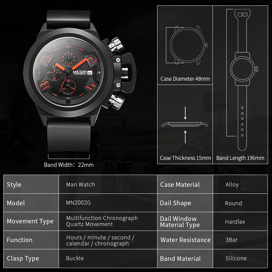 MEGIR Men Watches Luxury Sport Military Chronograph Waterproof Date Fashion Quartz Wristwatch Big Dial Relogio Masculino 2002