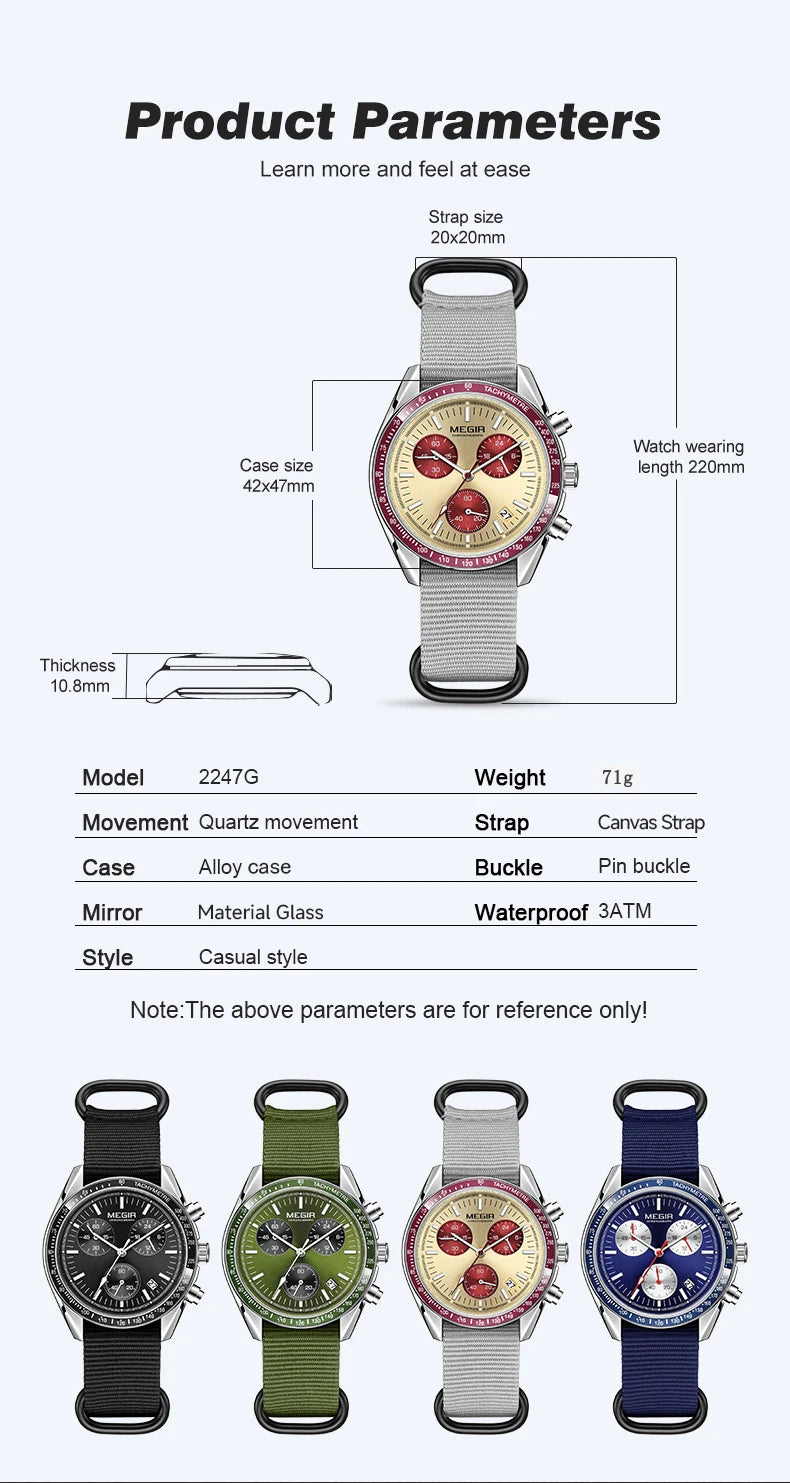 MEGIR 2247 New Luxury Men's Watch Canvas Braided Strap Sport Chronograph Night Light Quartz Waterproof Men's Watch reloj hombre