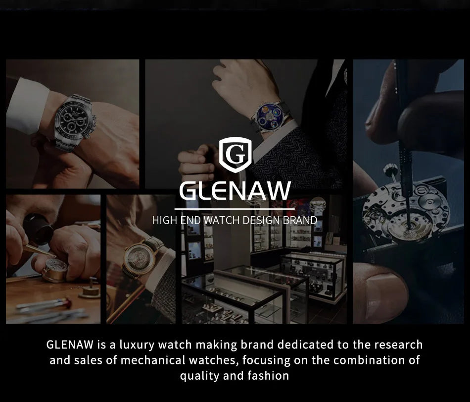 Montre Homme GLENAW Original Brand Design Mechanical Watch Moon Dial Luminous Spaceship Pointer Stainless Steel Watch For Men