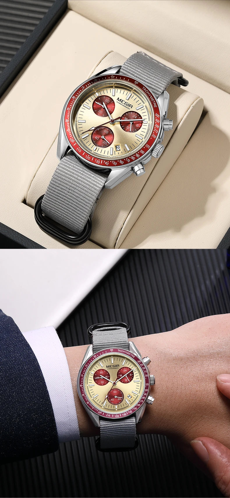 MEGIR 2247 New Luxury Men's Watch Canvas Braided Strap Sport Chronograph Night Light Quartz Waterproof Men's Watch reloj hombre