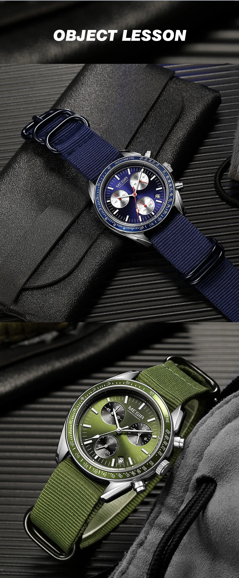 MEGIR 2247 New Luxury Men's Watch Canvas Braided Strap Sport Chronograph Night Light Quartz Waterproof Men's Watch reloj hombre