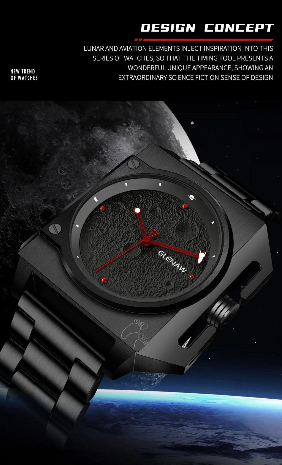 Montre Homme GLENAW Original Brand Design Mechanical Watch Moon Dial Luminous Spaceship Pointer Stainless Steel Watch For Men