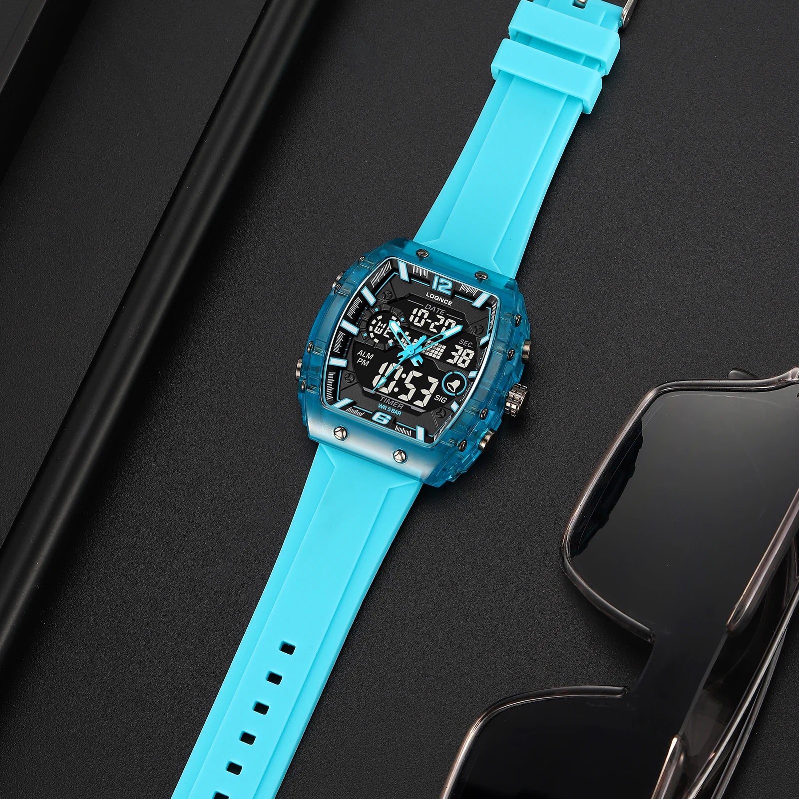 New LOQNCE  98003 Male montre homme Hour Sport Watches Digital Double Time Chronograph Watch Mens LED Week Display Wristwatches